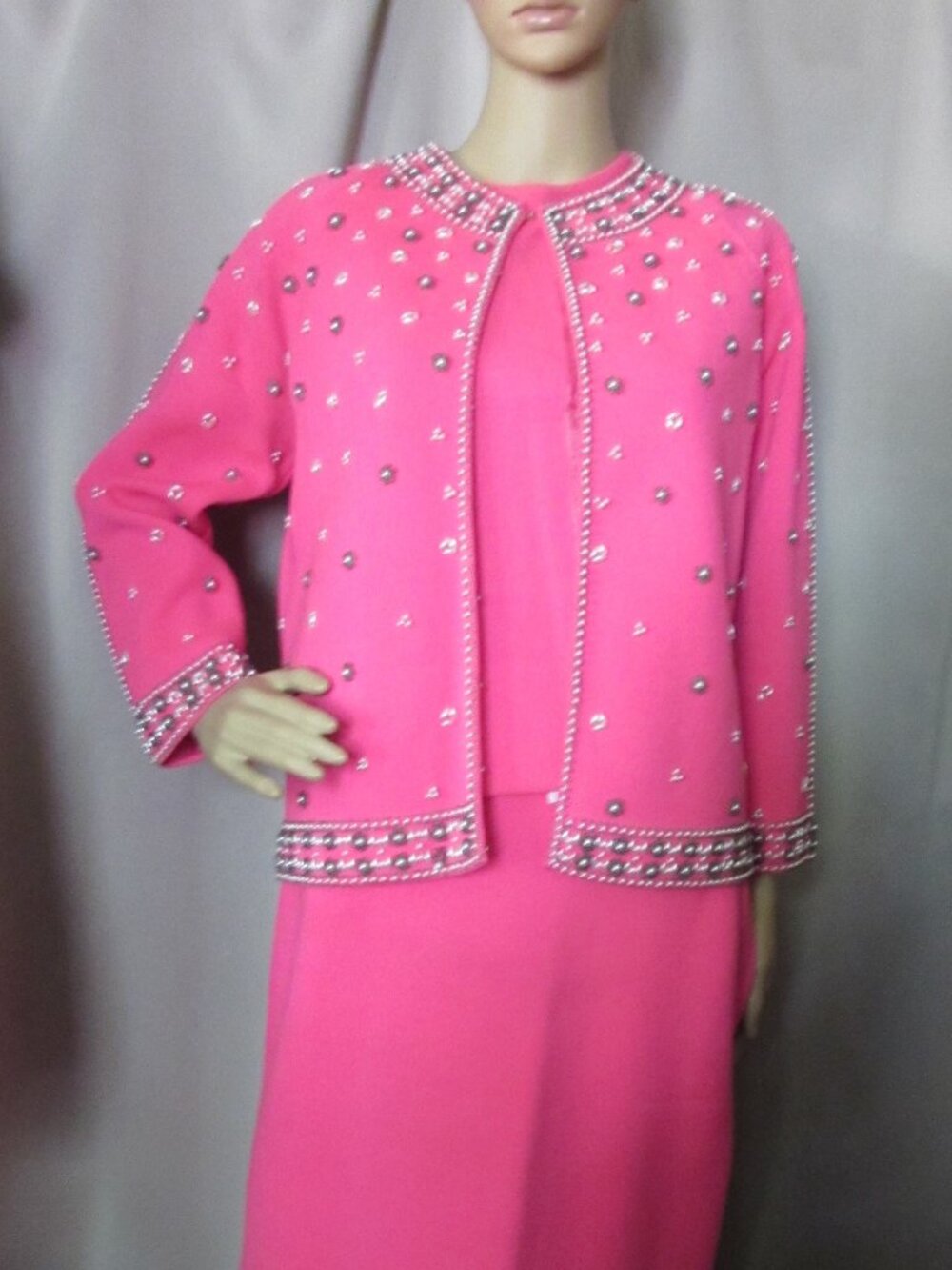 1970 Era Voguemont 3 Piece Knit Fuchsia  Color Heavily Beaded Hong Kong
